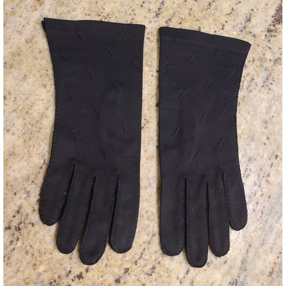 Vintage Womens Size S Black Cotton Stretch Formal Gloves Embroidered Geometric